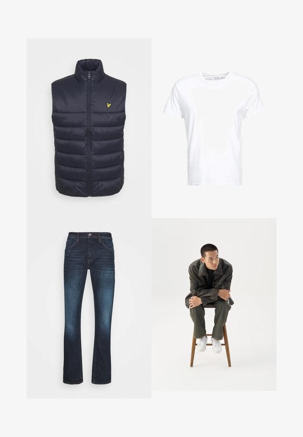 Chaleco acolchado azul marino con un cuello alto, cremallera delantera y costuras horizontales. Presenta un pequeño logo amarillo en la parte izquierda del pecho.; Camiseta de algodón blanca con cuello redondo y mangas cortas, con un corte clásico y una textura suave. Sin patrones ni elementos metálicos visibles.; Jeans rectos de denim de color azul oscuro, con bolsillos frontales, cierre de botón y desvanecimiento en los muslos para un aspecto desgastado.; Joven con chaqueta de cuero oscura y vaqueros sentado en un taburete de madera, inclinado hacia adelante con los brazos cruzados, mirando hacia un lado contra un fondo blanco.