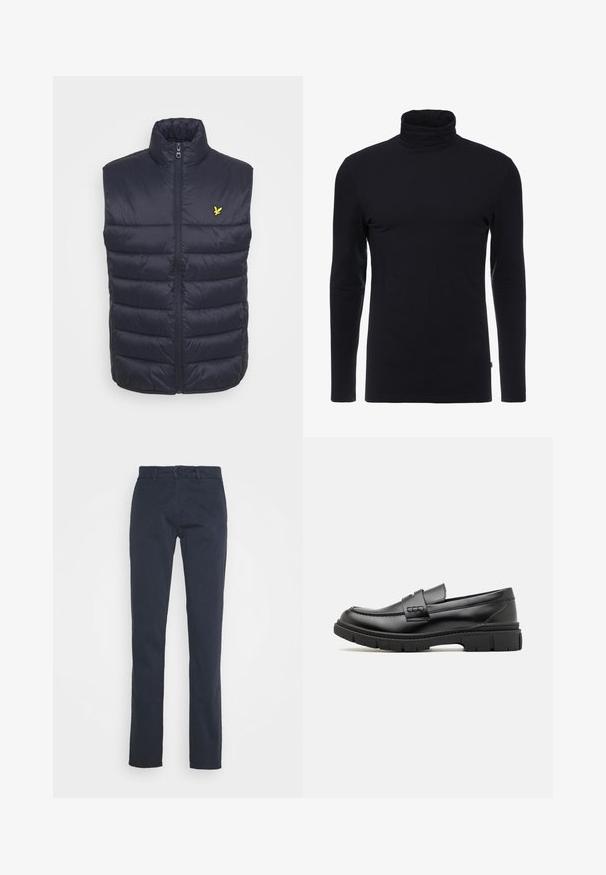 Chaleco acolchado azul marino con un cuello alto, cremallera delantera y costuras horizontales. Presenta un pequeño logo amarillo en la parte izquierda del pecho.; Camisa de cuello alto negra de manga larga, hecha de una tela suave y elástica. Presenta un diseño ajustado y una textura lisa. Sin patrones ni acentos visibles.; Pantalones azul marino de algodón, con un diseño de pierna recta, trabillas para cinturón y cierre frontal con botón. Textura suave.; Mocasin de cuero negro con una cinta ancha en el empeine, suela de goma con tacos gruesos y textura suave. Diseño clásico y elegante.