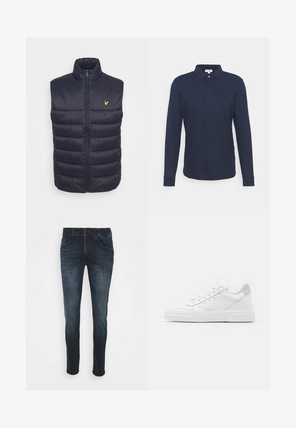 Marineblauwe gewatteerde vest met hoge kraag, eenrits aan de voorkant en horizontale stiksels. Bevat een klein geel logo op de linkerborst.; Polo shirt in marineblauw met lange mouwen, gemaakt van katoen, met een knoopsluiting en een klein geborduurd logo op de borst, evenals geribbelde mouwen.; Donkerblauwe denim jeans met een slim fit, vijf zakken, een knoopsluiting en subtiele vervagingen langs de benen, met een gladde textuur.; Witte leren sneakers met een gladde afwerking, ronde neus, platte veters en een gestructureerde zool. Grijze suède accent bij de hiel.