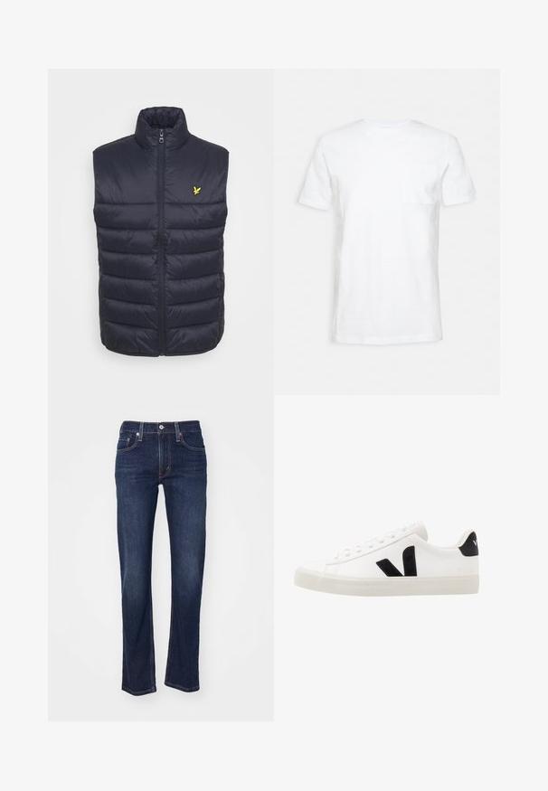 Marineblauwe gewatteerde vest met hoge kraag, eenrits aan de voorkant en horizontale stiksels. Bevat een klein geel logo op de linkerborst.; Witte T-shirt met korte mouwen in een klassiek design, voorzien van een borstzak. Gemaakt van een zachte, gestructureerde stof. Eenvoudige en veelzijdige stijl.; Donkerblauwe denim jeans met een rechte pijp, met een traditionele vijf-pocketontwerp en gestikte details op de naden.; Witte leren sneaker met zwarte suède accenten; voorzien van een rubberen zool, ronde neus en een klassieke vetersluiting. Zijkant met logo in het zwart.