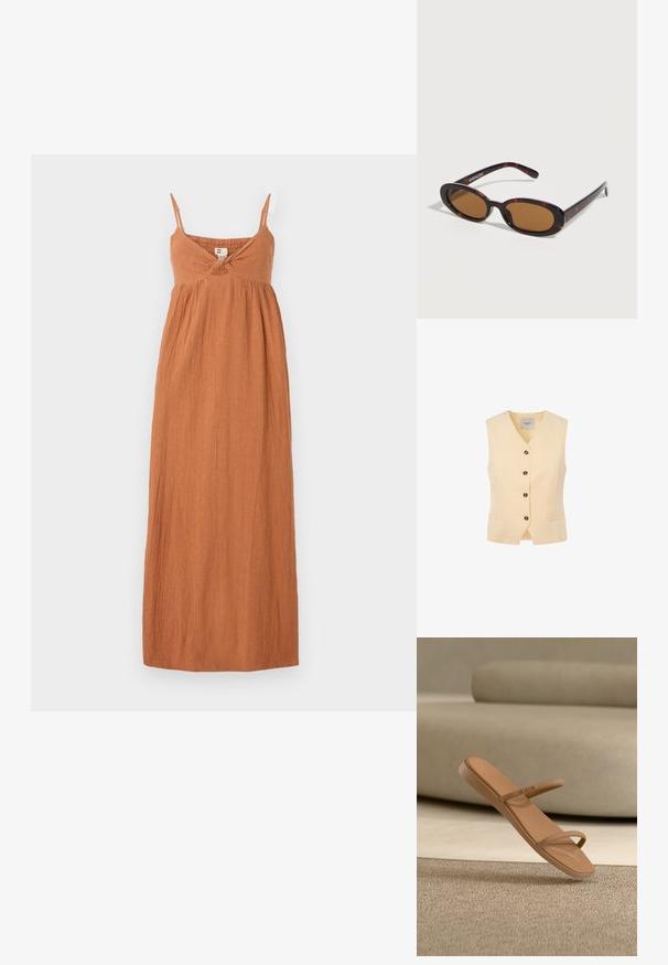 Chaleco amarillo claro con escote en V, cinco botones oscuros y dos bolsillos frontales. Fabricado en una tela suave con un corte ajustado.; Vestido largo color óxido hecho de tela ligera. Cuenta con tirantes tipo espagueti ajustables, corpiño fruncido y falda fluida. Acabado texturizado.; Sandalia marrón de tipo slip-on con dos tiras delgadas, mostrada sobre una superficie texturizada beige y frente a un fondo acolchado de color beige claro.; Gafas de sol ovaladas con montura carey, lentes tintadas en marrón y varillas delgadas apoyadas sobre una superficie blanca.