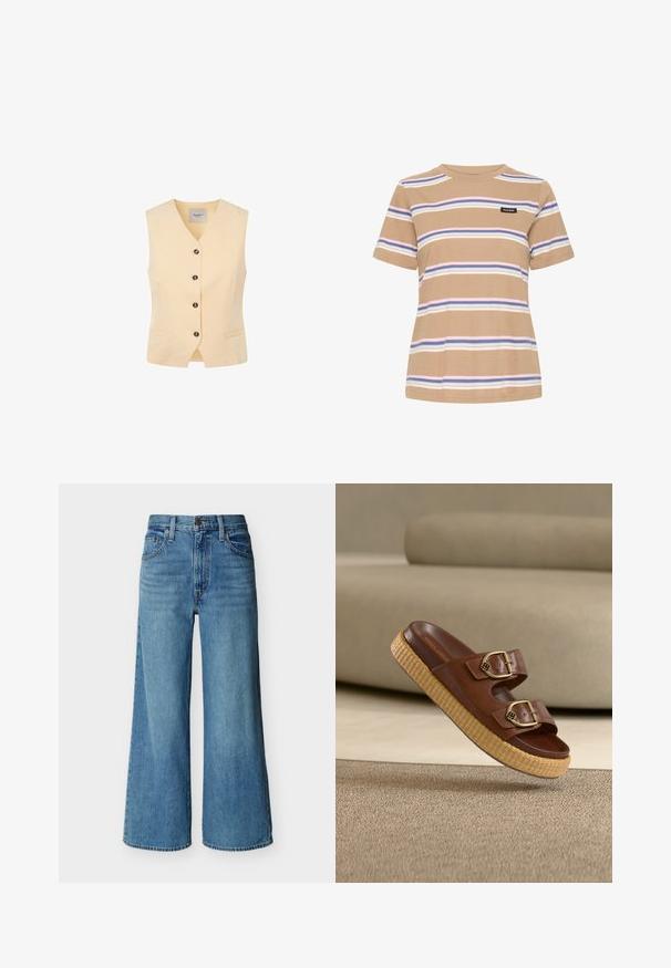 Lichtgele vest met een V-hals, vijf donkere knopen en twee voorkantzakken. Gemaakt van een soepele stof met een getailleerde pasvorm.; Beige T-shirt met korte mouwen en horizontale strepen in blauw, wit en roze, met een klein zwart "Pulz Jeans" logo op de borst.; Blauwe high-waist wijde jeans met knoop- en ritsluiting aan de voorkant, riemlussen en vijf zakken, afgebeeld op een witte achtergrond.; Bruine leren instapsandaal met twee gouden gespen en een dikke geweven plateauzool op beige tapijt en bank achtergrond.