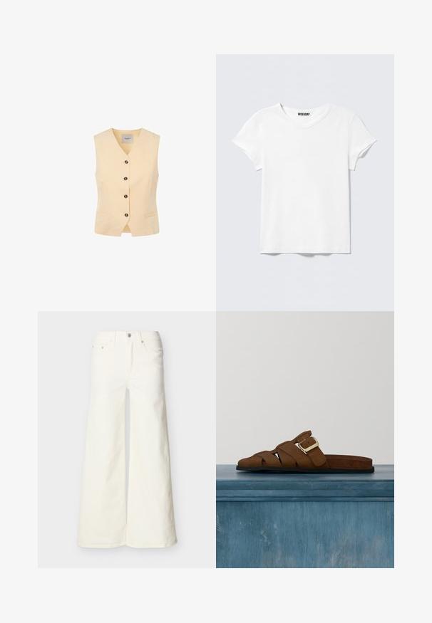 Chaleco amarillo claro con escote en V, cinco botones oscuros y dos bolsillos frontales. Fabricado en una tela suave con un corte ajustado.; Camiseta blanca lisa de manga corta y cuello en V, con una pequeña etiqueta "WEEKDAY" en el interior del cuello, mostrada sobre un fondo gris claro.; Vaqueros blancos de pierna ancha con cinco bolsillos y cierre de botón, presentados extendidos sobre un fondo claro.; Sandalia de cuero marrón con hebilla dorada y suela negra, flotando sobre un suelo de hormigón liso con fondo de vidrio a rayas verticales.