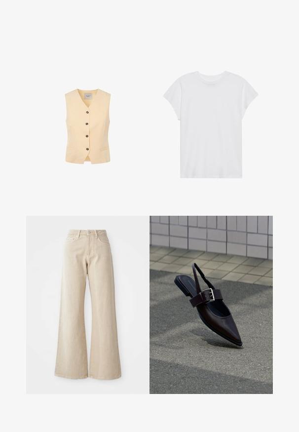Lys gul vest med V-udskæring, fem mørke knapper og to frontlommer. Fremstillet af et glat stof med en skræddersyet pasform.; Hvid kortærmet t-shirt med rund hals, afslappet pasform, lavet af blødt bomuldsstof. Glat tekstur, ingen mønstre eller logoer.; Beige brede benjeans lavet af denim, med høj talje, forlommer og et enkelt design uden mønstre eller detaljer.; Mørkebrune flade slingback-sko med spids tå, bred rem og stor sølvspænde på asfalt nær flisebelagt væg.