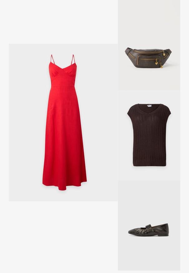 Pull en maille côtelée marron avec un col en V et des manches courtes. Présente un tissu texturé et une coupe droite à la taille. Étiquette de marque visible.; Robe longue rouge sans manches avec fines bretelles et bustier ajusté, jupe fluide, présentée sur un fond gris clair uni.; Chaussure plate en cuir marron avec un bout pointu, une texture froncée à l'avant et une large bride sur le milieu du pied avec une décoration métallique.; Sac banane en cuir brun foncé avec plusieurs fermetures éclair en or, chacune ornée d'un petit pendentif en forme de cœur.