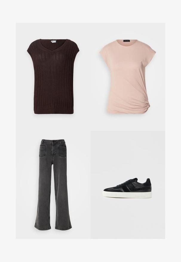 Pull en maille côtelée marron avec un col en V et des manches courtes. Présente un tissu texturé et une coupe droite à la taille. Étiquette de marque visible.; T-shirt rose clair à manches courtes type cap sleeve, fabriqué dans un matériau doux ; présente un détail froncé sur le côté au niveau de l'ourlet.; Jean noir taille haute à jambes larges en denim, avec une fermeture à bouton, des passants de ceinture et deux poches arrière avec des accents cousus.; Baskets noires en cuir lisse et daim, avec un panneau texturé et une semelle en caoutchouc blanche profilée basse.
