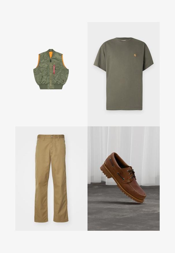 Mouwloze olijfgroene bomberjack-vest met voorrits, twee drukknoopzakken, borstzak met rits en rode "Remove Before Flight" tag.; Olijfgroene T-shirt met ronde hals, korte mouwen, gemaakt van katoen, met een klein oranje logo op het linkerborstgebied.; Khaki chino's met een recht gesneden ontwerp, gemaakt van soepel katoenstof. Voorzien van een knoopsluiting aan de voorkant en zijzakken.; Bruine leren bootschoen met zwarte veters, beige stiksel en een robuuste zool, zwevend boven een grijze betonnen vloer.