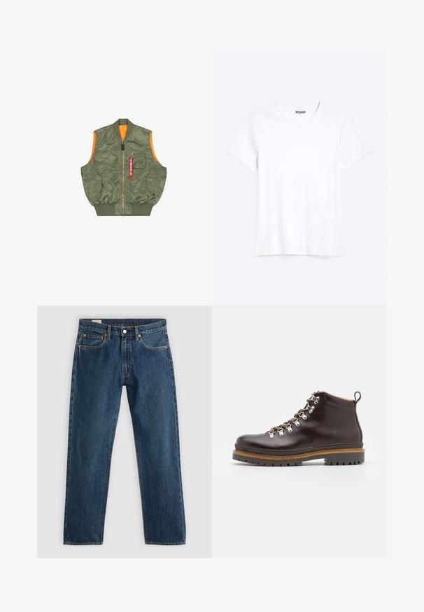 Mouwloze olijfgroene bomberjack-vest met voorrits, twee drukknoopzakken, borstzak met rits en rode "Remove Before Flight" tag.; Effen witte T-shirt met korte mouwen en ronde hals met een zichtbaar WEEKDAY-merklabel bij de nek, weergegeven op een lichte achtergrond.; Donkere blauwe denim jeans met een rechte pijp. Voorzien van vijf zakken, koperen klinknagels en een knoopsluiting. Gladde textuur met stikselaccenten.; Zign by Zalando LEATHER - Veterboots - brown
