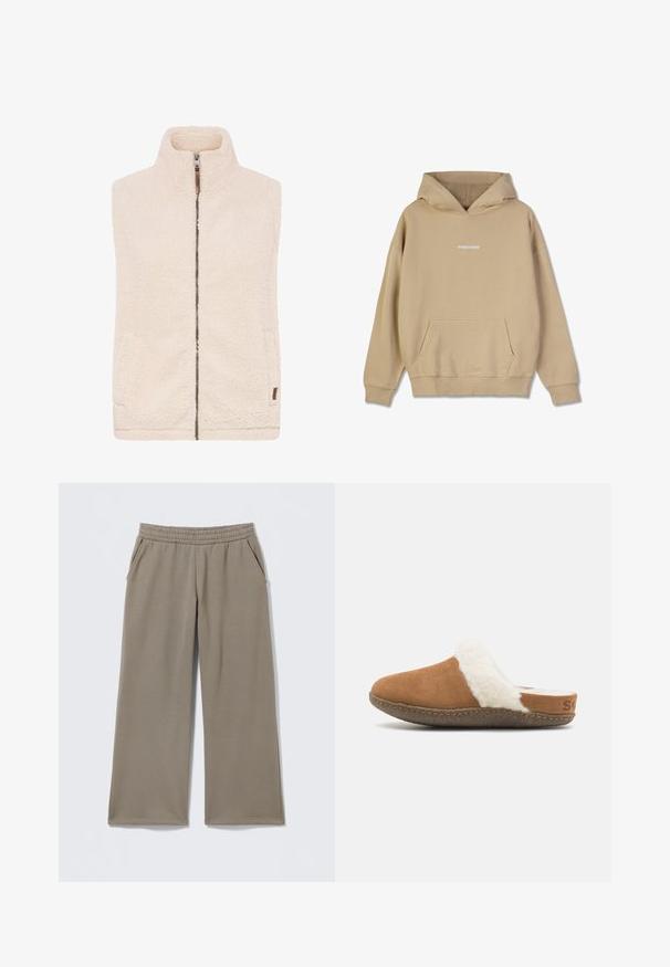 Gilet en polaire de couleur crème avec un col haut, fermeture éclair sur le devant et poches latérales. Présente une surface douce et texturée avec un accent en cuir marron.; Sweat-shirt beige à capuche en matériau semblable au coton. Doté d'une poche kangourou à l'avant et d'un logo "PEGADOR" blanc sur la poitrine.; Pantalons taupe à jambes larges avec taille élastique et poches latérales, posés à plat sur un fond clair.; Chausson en suède marron à enfiler avec une doublure blanche duveteuse et une semelle texturée. Présente un bord cousu et un petit détail de marque sur le talon.