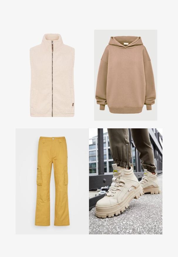 Gilet en polaire de couleur crème avec un col haut, fermeture éclair sur le devant et poches latérales. Présente une surface douce et texturée avec un accent en cuir marron.; Haut à capuche oversized couleur tan en mélange de coton doux, avec un cordon de serrage à la capuche, des poignets côtelés et un logo brodé à l'avant. Texture lisse.; Pantalons cargo d'une riche couleur jaune moutarde, fabriqués en tissu robuste. Dotés de deux grandes poches latérales et d'un design à jambe droite.; Baskets montantes beiges avec une semelle épaisse et texturée, un design à lacets et des étiquettes accent jaune. Tige en cuir texturé avec des coutures contrastées.