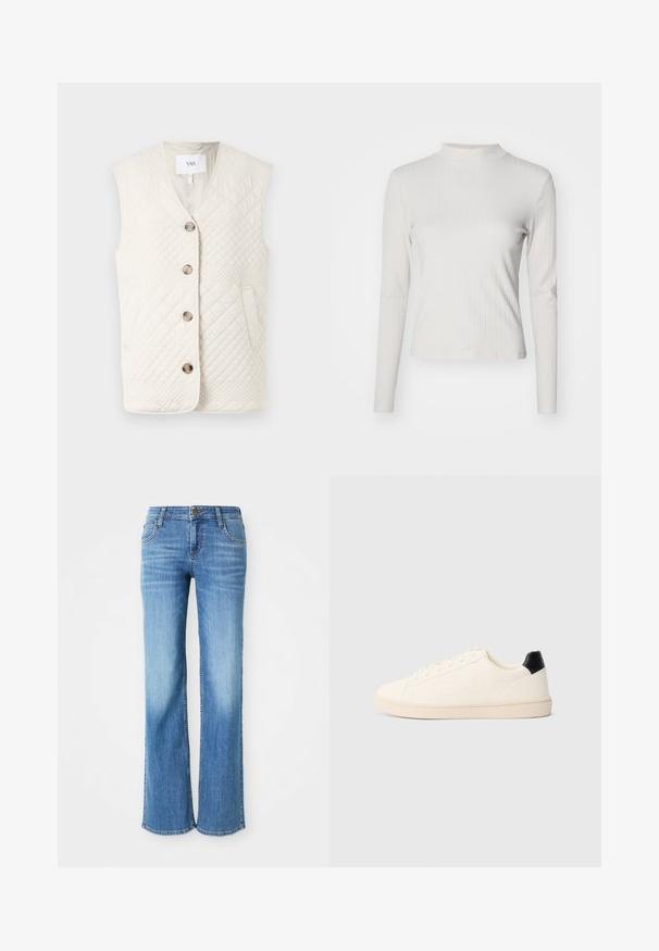 Chaleco acolchado sin mangas en blanco roto con escote en V, cinco botones y dos bolsillos laterales con una superficie texturizada.; Top de manga larga en beige claro con textura acanalada, cuello alto simulado y textura suave, con un corte ajustado y detalles de diseño mínimos.; Jeans de mezclilla azul claro, con un corte recto, cinco bolsillos y un cierre clásico de botón con una etiqueta de marca en la cinturilla.; Zapatilla baja color blanco hueso con cordones en la parte delantera, sutil logo en relieve en el lateral y pestaña negra en el talón sobre un fondo liso.
