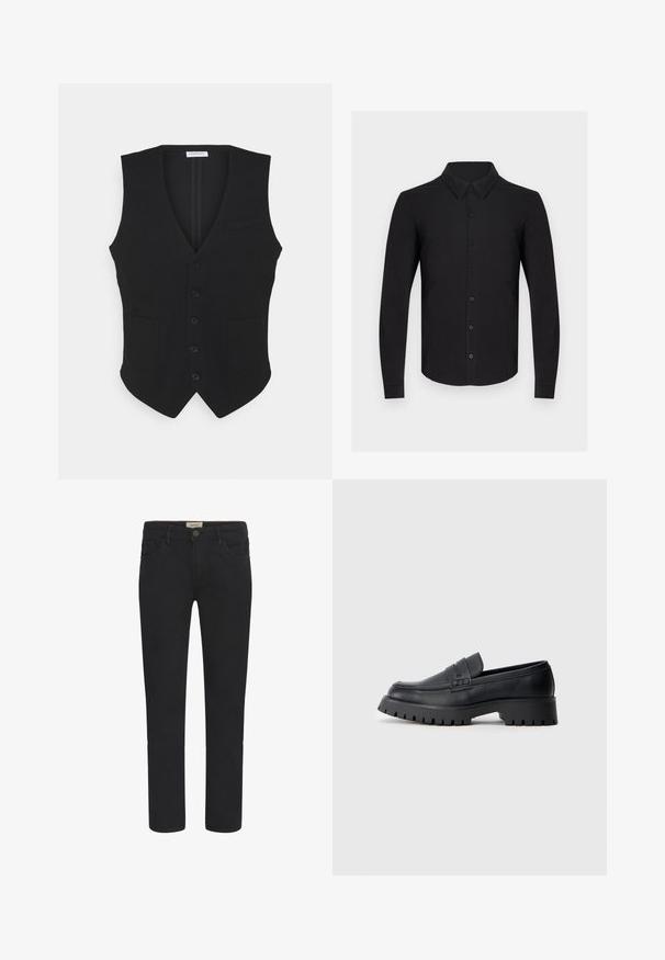 Sort vest lavet af glat stof, med v-udskæring, seks knapper, to frontlommer og en lille brystlomme.; Sort langærmet skjorte lavet af blødt stof med knaplukning foran, klassisk krave og knappede manchetter. Glat tekstur uden mønstre.; Sorte denimjeans med lige pasform, fem-lomme design og knaplukning foran. Glat tekstur med subtile syninger.; Sorte læder loafers med en rund tå, prydet med en dekorativ rem og en kraftig gummisål med dybe riller for grip.