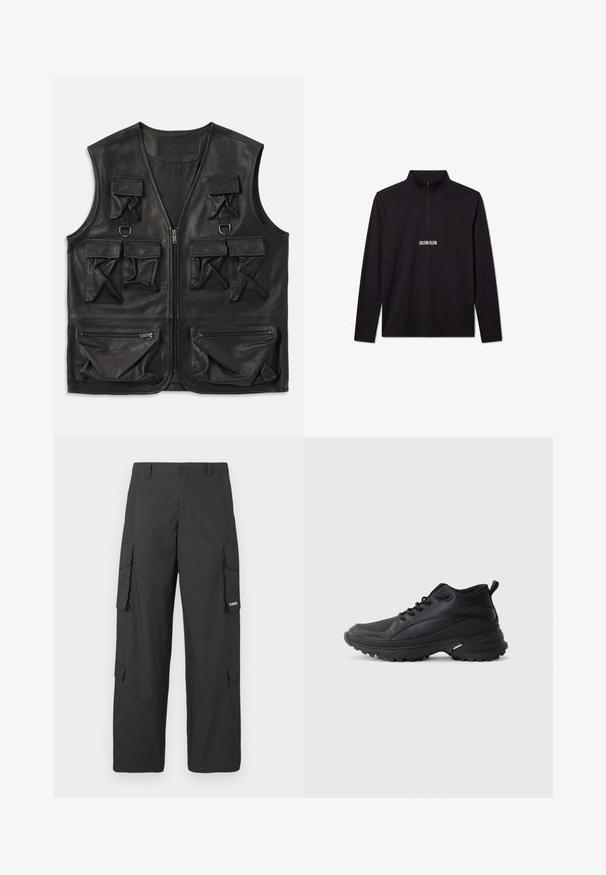 Schwarze Lederweste mit mehreren Klappen- und Reißverschlusstaschen, Reißverschluss vorne und D-Ring-Details auf der oberen Brust.; Schwarzer Langarm-Pullover von Calvin Klein mit Viertel-Reißverschluss und weißem Logo auf der Brust.; Schwarze gerade Cargo-Hosen mit seitlichen Klappentaschen, Druckknopfverschluss, Gürtelschlaufen und kleinem weißen Logo auf der Klappentasche rechts.; Schwarze Sportschuhe aus synthetischem Material. Ausgestattet mit einem gepolsterten Kragen, einer runden Spitze, einer robusten Laufsohle mit Profil und einem Markenlogo.