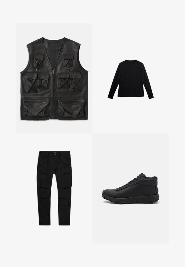Schwarze Lederweste mit mehreren Klappen- und Reißverschlusstaschen, Reißverschluss vorne und D-Ring-Details auf der oberen Brust.; Schwarzes Langarm-T-Shirt aus glattem Stoff, mit Rundhalsausschnitt und einem dezenten Logo auf der Vorderseite, in lockerer Passform.; Schwarze Cargohose mit mehreren Klappentaschen vorne und an den Seiten, Knopfverschluss und Gürtelschlaufen, flach auf weißem Hintergrund ausgelegt.; Schwarze High-Top-Sneaker aus strukturiertem Leder, mit einer dicken Gummisohle mit Profil und Schnürdesign. Roter Akzent auf der Zunge.