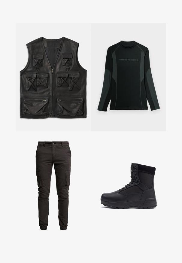 Zwarte leren vest met meerdere klep- en ritszakken, ritsluiting aan de voorkant en D-ringdetails op de bovenborst.; Zwarte shirt met lange mouwen en hoge kraag, gemaakt van textuurstof. Heeft grijze zijpanelen en het "NIKE TECH" logo op de borst.; Zwarte cargo pants van een katoenmengsel, met zijzakken, elastische manchetten, een knoopsluiting en een gladde, matte textuur.; Zwarte tactical boot met een gladlederen bovenkant en stofpanelen, hoge enkelontwerp, vetersluiting aan de voorkant en robuuste rubberen zool.