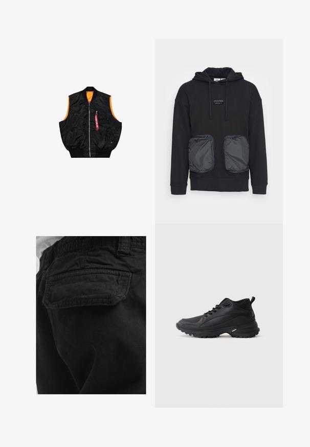 Gilet bomber noir avec une doublure orange, fermeture éclair, poches latérales et une petite poche avec un détail d'étiquette rouge. Tissu lisse et brillant.; Sweat à capuche noir à coupe décontractée, avec deux grandes poches zippées en matériau brillant à l'avant. Petite écusson logo au-dessus des poches.; Poche arrière d’un pantalon noir avec rabat et coutures visibles, porté par une personne en chemise blanche.; Chaussures de sport noires en matériau synthétique. Dotées d'un col rembourré, d'un embout rond, d'une semelle extérieure robuste avec traction, et d'un détail avec le logo de la marque.