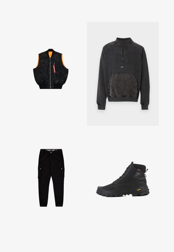 Zwarte bombervest met een oranje binnenkant, ritssluiting, zijzakken en een klein zakje met rode labeldetails. Gladde, glanzende stof.; Zwart gewassen halve rits sweater met kangoeroezak, geribde manchetten en zoom, en klein "A C W" logo op de borst.; Zwarte cargobroek van katoen, met meerdere zakken, een aansluitend ontwerp en elastische manchetten bij de enkels.; Zwarte hoge laarzen met een gestructureerd oppervlak, voorzien van een waterdicht ontwerp, vetersysteem en een opvallende rubberen zool met Vibram-merktekens.