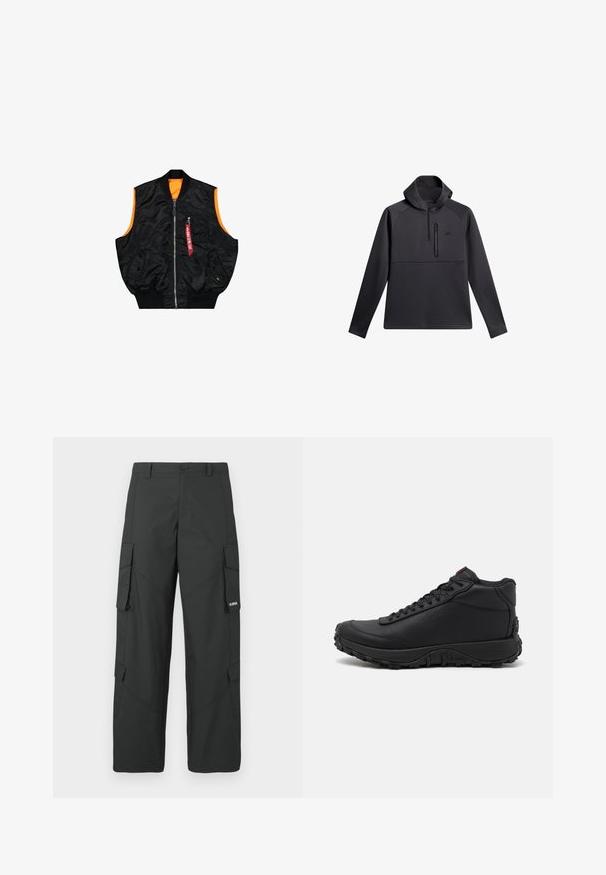 Zwarte bombervest met een oranje binnenkant, ritssluiting, zijzakken en een klein zakje met rode labeldetails. Gladde, glanzende stof.; Zwarte trui met een capuchon, voorzien van een kwart-rits aan de voorkant, raglanmouwen en een ritsvak op de borst; gladde textuur en atletisch ontwerp.; Zwarte cargo broek met rechte pijpen, zijflapzakken, knoopsluiting, riemlussen en een klein wit logo op de flap van de rechterzak.; Zwarte high-top sneakers van gestructureerd leer, voorzien van een dikke rubberen zool met grippatronen en een vetersluiting. Rode accenten op de tong.