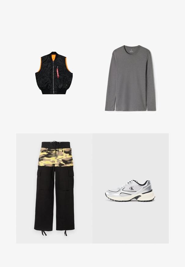 Zwarte bombervest met een oranje binnenkant, ritssluiting, zijzakken en een klein zakje met rode labeldetails. Gladde, glanzende stof.; Eenvoudig grijs shirt met lange mouwen en ronde hals, plat neergelegd, vooraanzicht met eenvoudig ontwerp zonder zichtbare patronen of logo's.; Cargo broek van zwart stof met een bovenstuk in camouflagepatroon in tinten van geel, groen en bruin; inclusief verstelbare tailleband.; Zilverkleurige sportschoen met mesh accenten, zwarte rand en een getextureerde zool. Bevat het logo "cK" aan de zijkant en heeft een modern ontwerp.