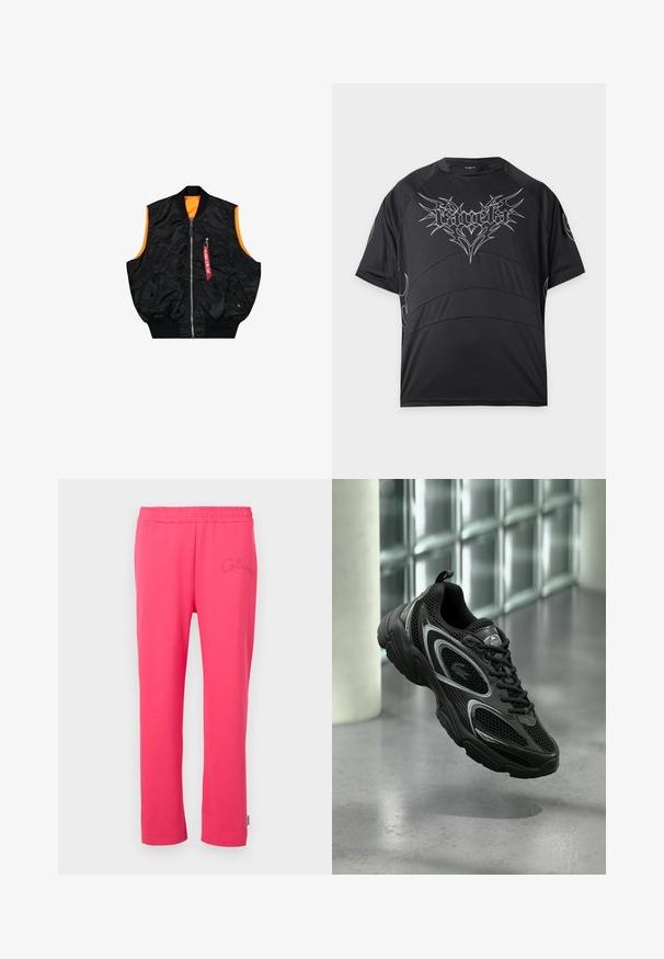 Sort bombervest med orange inderside, lynlås lukning, sidelommer og en lille lomme med rød mærke detaljer. Glat, skinnende stof.; Sort kortærmet T-shirt med hvidt stammegrafik og stiliseret tekstdesign på fronten og ærmerne, rund hals, løs pasform.; Lyserøde bomulds-loungebukser med elastisk talje og broderet logo detalje foran. Har et straight-leg design.; Sort atletiksko med mesh og syntetisk materiale, der har en tekstureret sål, slankt design, sølvdetaljer og snørebånd foran.