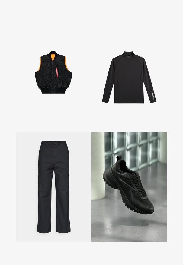 Zwarte bombervest met een oranje binnenkant, ritssluiting, zijzakken en een klein zakje met rode labeldetails. Gladde, glanzende stof.; Zwart sporttopje met lange mouwen, opstaande kraag, slim fit en witte "J.Lindeberg"-logo op linkerarm en kraag.; Zwarte cargobroek met een rechte pijpdesign, voorzien van zijzakken en een geweven stof. Knopsluiting in de taille voor een veilige pasvorm.; Zwarte sportieve sneaker met gestructureerde zool en veters, zwevend boven een grijze vloer met op achtergrond een glazen metselblokwand.