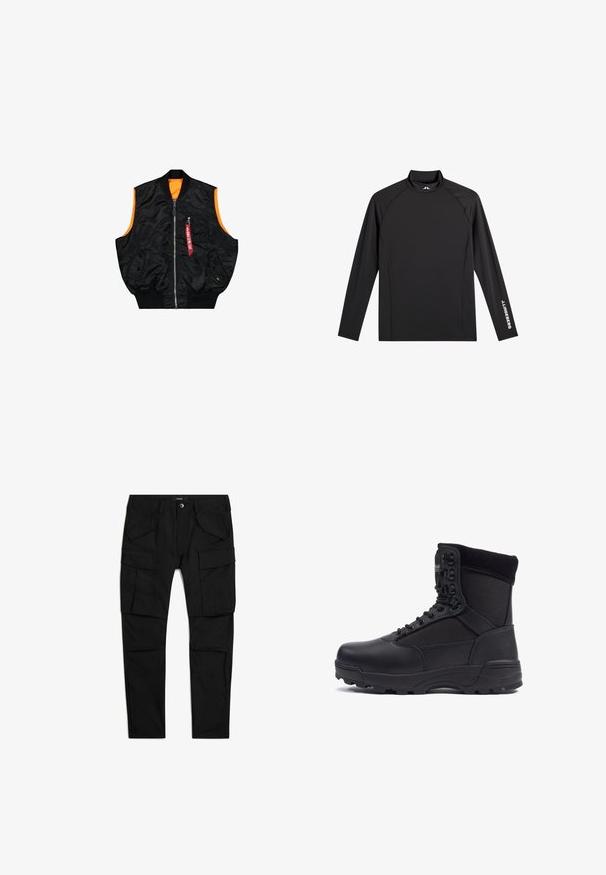 Zwarte bombervest met een oranje binnenkant, ritssluiting, zijzakken en een klein zakje met rode labeldetails. Gladde, glanzende stof.; Zwart sporttopje met lange mouwen, opstaande kraag, slim fit en witte "J.Lindeberg"-logo op linkerarm en kraag.; Zwarte cargobroek met meerdere klepzakken aan de voorkant en zijkanten, knoopsluiting en riemlussen, plat gelegd op een witte achtergrond.; Zwarte tactical boot met een gladlederen bovenkant en stofpanelen, hoge enkelontwerp, vetersluiting aan de voorkant en robuuste rubberen zool.