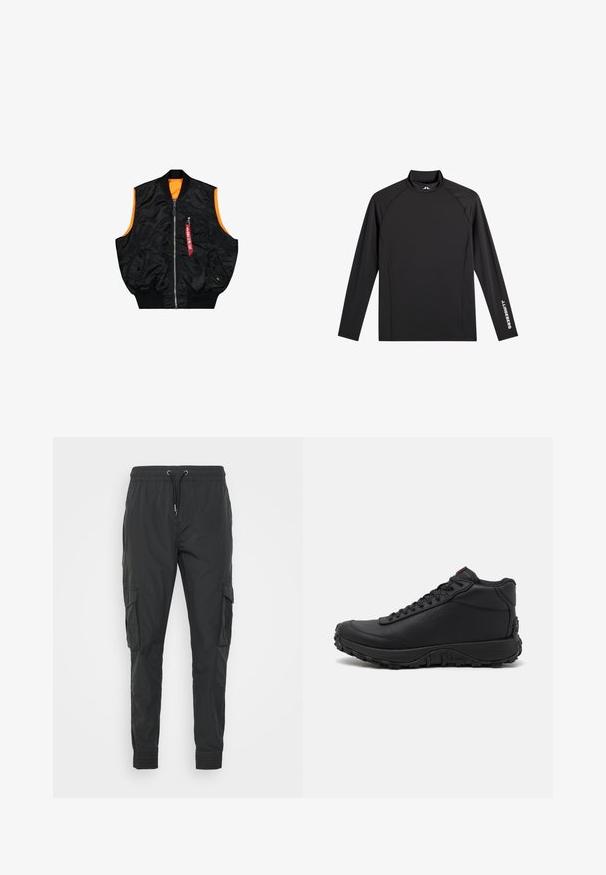 Zwarte bombervest met een oranje binnenkant, ritssluiting, zijzakken en een klein zakje met rode labeldetails. Gladde, glanzende stof.; Zwart sporttopje met lange mouwen, opstaande kraag, slim fit en witte "J.Lindeberg"-logo op linkerarm en kraag.; Zwarte cargobroek van lichtgewicht stof, met een verstelbare trekkoord taille, elastische manchetten en twee zijzakken.; Zwarte high-top sneakers van gestructureerd leer, voorzien van een dikke rubberen zool met grippatronen en een vetersluiting. Rode accenten op de tong.