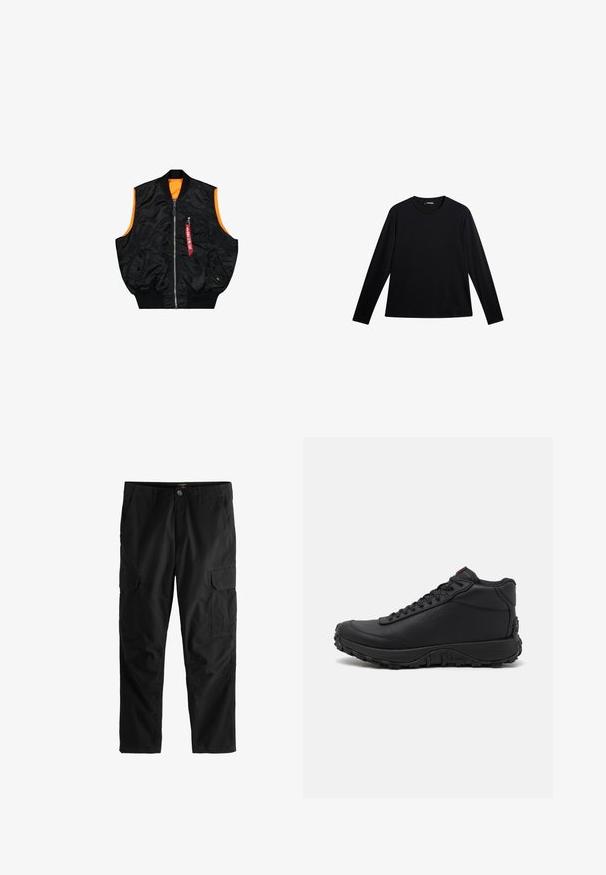 Zwarte bombervest met een oranje binnenkant, ritssluiting, zijzakken en een klein zakje met rode labeldetails. Gladde, glanzende stof.; Zwart langslijks T-shirt van gladde stof, met een ronde hals en een subtiele logo op de voorkant, met een relaxte pasvorm.; Zwarte cargobroek met knoop aan de voorkant, riemlussen, zijflappenzakken en gestikte kniepanden, afgebeeld op een witte achtergrond.; Zwarte high-top sneakers van gestructureerd leer, voorzien van een dikke rubberen zool met grippatronen en een vetersluiting. Rode accenten op de tong.