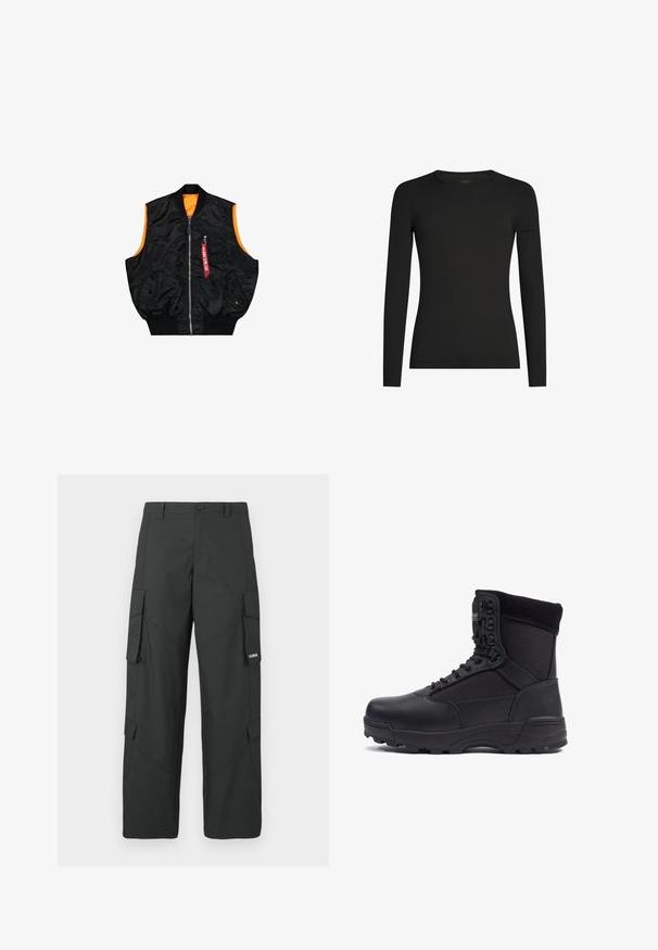 Zwarte bombervest met een oranje binnenkant, ritssluiting, zijzakken en een klein zakje met rode labeldetails. Gladde, glanzende stof.; Zwart, aansluitend shirt met lange mouwen en ronde hals, met subtiel Icebreaker-logo op de linker mouw, weergegeven op een witte achtergrond.; Zwarte cargo broek met rechte pijpen, zijflapzakken, knoopsluiting, riemlussen en een klein wit logo op de flap van de rechterzak.; Zwarte tactical boot met een gladlederen bovenkant en stofpanelen, hoge enkelontwerp, vetersluiting aan de voorkant en robuuste rubberen zool.