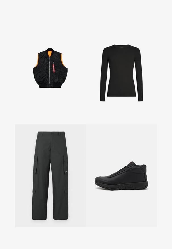 Zwarte bombervest met een oranje binnenkant, ritssluiting, zijzakken en een klein zakje met rode labeldetails. Gladde, glanzende stof.; Zwart, aansluitend shirt met lange mouwen en ronde hals, met subtiel Icebreaker-logo op de linker mouw, weergegeven op een witte achtergrond.; Zwarte cargo broek met rechte pijpen, zijflapzakken, knoopsluiting, riemlussen en een klein wit logo op de flap van de rechterzak.; Zwarte high-top sneakers van gestructureerd leer, voorzien van een dikke rubberen zool met grippatronen en een vetersluiting. Rode accenten op de tong.