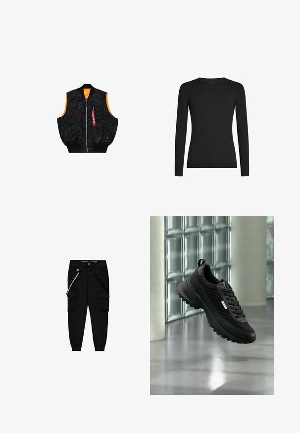 Sort bombervest med orange inderside, lynlås lukning, sidelommer og en lille lomme med rød mærke detaljer. Glat, skinnende stof.; Sort, tætsiddende langærmet T-shirt med rund hals og et diskret Icebreaker-logo på venstre ærme, vist på en hvid baggrund.; Sorte cargo bukser lavet af letvægtsstof, med to sidelommer, en elastisktalje og justerbare ankelmanchetter.; Sort sportssko med netpaneler på siden og tyk sål, der svæver indendørs nær glasblokke og søjler på en glat gulv.
