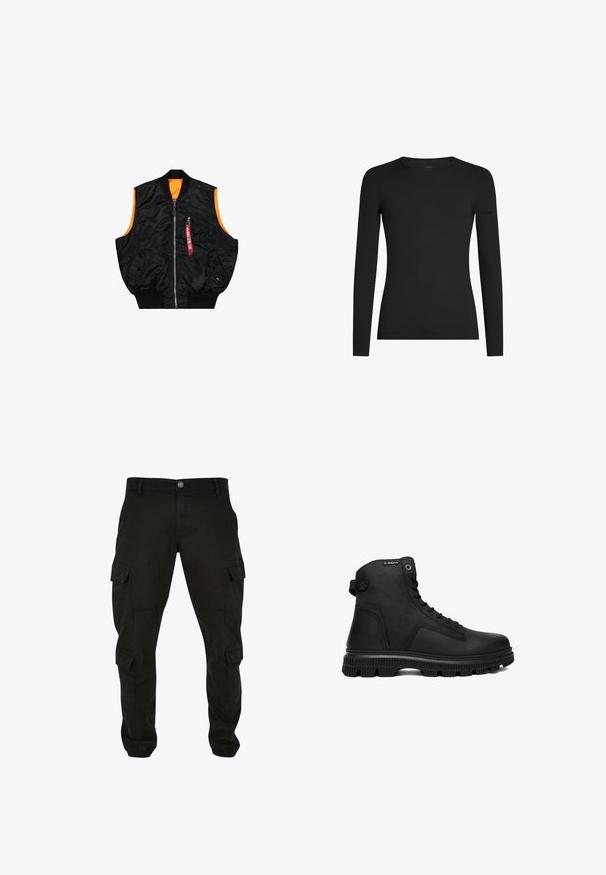Sort bombervest med orange inderside, lynlås lukning, sidelommer og en lille lomme med rød mærke detaljer. Glat, skinnende stof.; Sort, tætsiddende langærmet T-shirt med rund hals og et diskret Icebreaker-logo på venstre ærme, vist på en hvid baggrund.; Sorte cargo bukser lavet af bomuld, med flere sidelommer, lige ben design og elastiske manchetter ved anklerne.; Sort højtopstøvle i læder med tyk, mønstret sål, snørelukning foran og G-Star logo nær anklen på hvid baggrund.