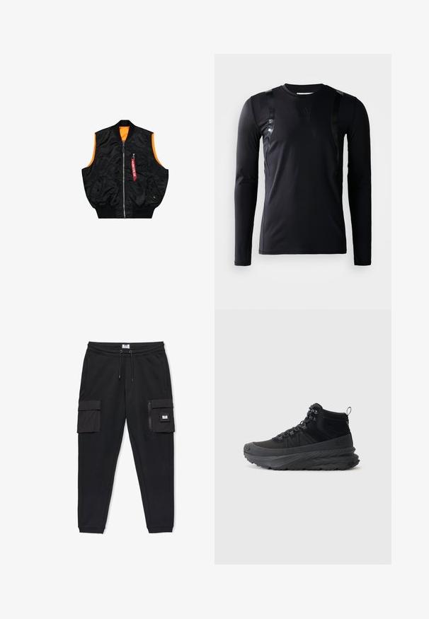 Zwarte bombervest met een oranje binnenkant, ritssluiting, zijzakken en een klein zakje met rode labeldetails. Gladde, glanzende stof.; Zwarte lange-mouwen sportshirt gemaakt van glad, rekbaar materiaal. Kenmerkt zich door glanzende zwarte accenten op de schouders en een Adidas-logo op de borst.; Zwarte taps toelopende joggingbroek met elastische taille, trekkoord, twee zijzakken en cargozakken met rits en klep op de dijen.; Zwarte hoge sneaker van textiel met een rubberen zool, voorzien van vetersluiting, gewatteerde kraag en een treklip aan de hiel.