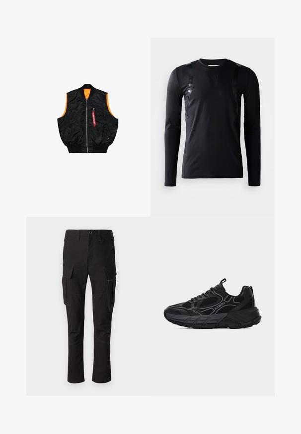 Gilet bomber noir avec une doublure orange, fermeture éclair, poches latérales et une petite poche avec un détail d'étiquette rouge. Tissu lisse et brillant.; T-shirt de sport à manches longues noir en tissu lisse et extensible. Présente des accents noirs brillants sur les épaules et un logo Adidas sur la poitrine.; Pantalon cargo noir avec plusieurs poches, poche latérale zippée et couture renforcée, présentant un design à jambe droite et un tissu durable.; Baskets de sport noires avec des détails en mesh et cuir, semelle épaisse, marquages "ICEBERG" et "1974", et languettes de traction sur la languette et le talon.
