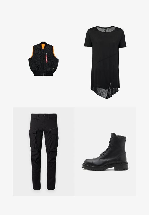Sort bombervest med orange inderside, lynlås lukning, sidelommer og en lille lomme med rød mærke detaljer. Glat, skinnende stof.; Sort kortærmet t-shirt med rund halsudskæring, asymmetrisk kant, gennemsigtig tekstur og en sidelukning. Blødt, let stof.; Sorte cargo bukser lavet af slidstærkt stof, med flere sidelommer, en lynlåslomme, tapered ben og forstærkede sømme.; AllSaints HANK - Snørestøvletter - black