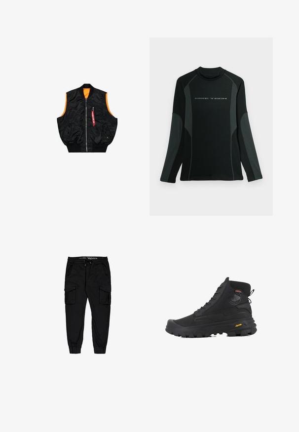 Zwarte bombervest met een oranje binnenkant, ritssluiting, zijzakken en een klein zakje met rode labeldetails. Gladde, glanzende stof.; Zwarte shirt met lange mouwen en hoge kraag, gemaakt van textuurstof. Heeft grijze zijpanelen en het "NIKE TECH" logo op de borst.; Zwarte cargo-broeken van lichtgewicht stof, met een elastische tailleband, trekkoord en meerdere zijzakken met taps toelopende broekspijpen.; Zwarte hoge laarzen met een gestructureerd oppervlak, voorzien van een waterdicht ontwerp, vetersysteem en een opvallende rubberen zool met Vibram-merktekens.