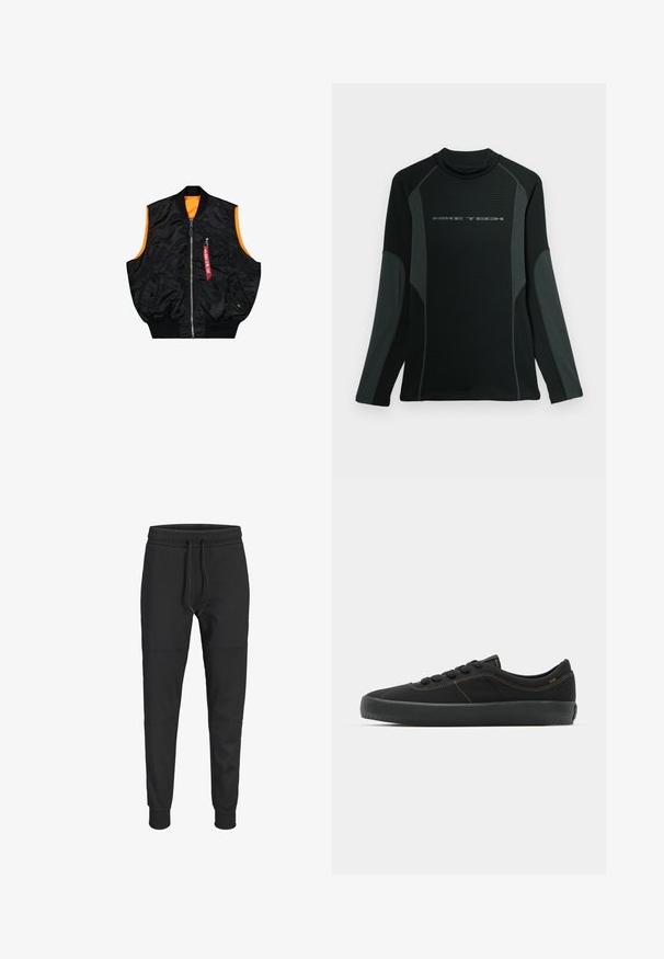 Zwarte bombervest met een oranje binnenkant, ritssluiting, zijzakken en een klein zakje met rode labeldetails. Gladde, glanzende stof.; Zwarte shirt met lange mouwen en hoge kraag, gemaakt van textuurstof. Heeft grijze zijpanelen en het "NIKE TECH" logo op de borst.; Zwarte slimfit joggerbroek met elastische tailleband, verstelbare trekkoorden, knieseemde details en boorden bij de enkels.; Zwarte sneaker met een gladde textiele bovenkant, contrasterende bruine stiksels, ronde neus, vetersluiting en een dikke rubberen zool voor grip.