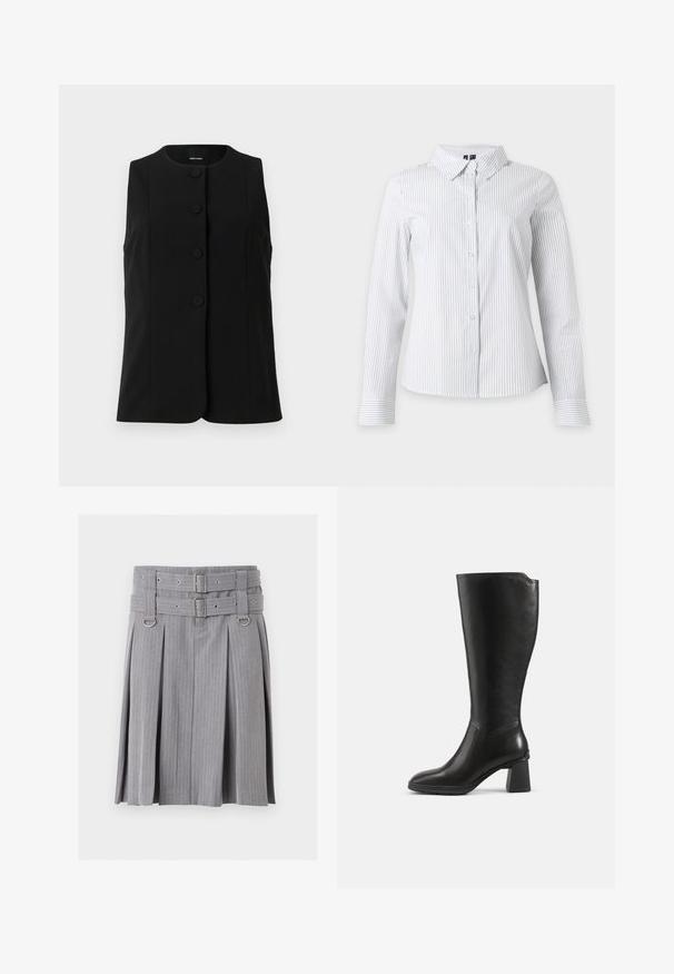 Gilet sans manches noir en tissu lisse, avec un col rond et cinq boutons ronds sur le devant.; Chemise blanche à manches longues avec fines rayures verticales noires et col pointu, présentée sur fond blanc.; Jupe plissée grise à fines rayures avec double ceinture et détails de boucles argentées, présentant des accents anneaux en D à la taille.; Botte en cuir noire montant jusqu’au genou avec un talon bloc et un bout arrondi, vue de profil sur un fond uni.