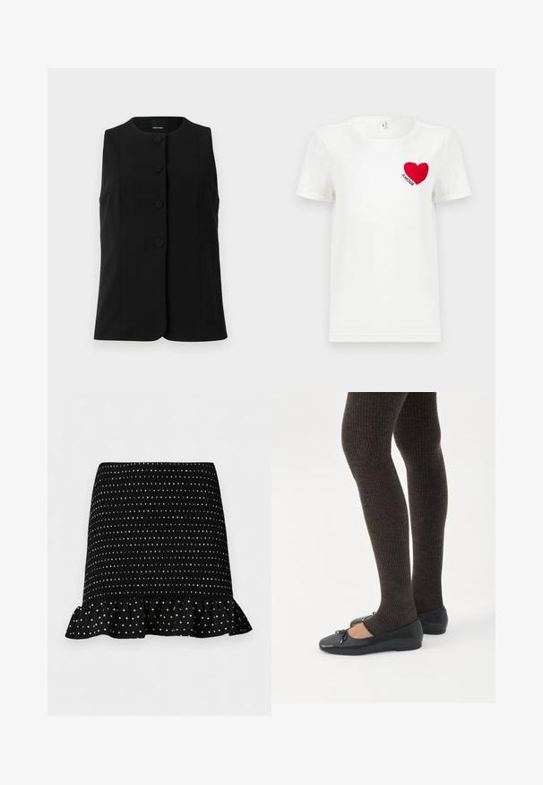 Gilet sans manches noir en tissu lisse, avec un col rond et cinq boutons ronds sur le devant.; T-shirt blanc à manches courtes avec un cœur rouge et le mot "AMOUR" imprimé sur la zone gauche de la poitrine.; Mini-jupe noire à pois blancs, texture smockée et ourlet volanté sur un fond clair uni.; Jambes portant des leggings côtelés foncés associés à des ballerines noires avec de petits détails en nœud sur fond blanc.