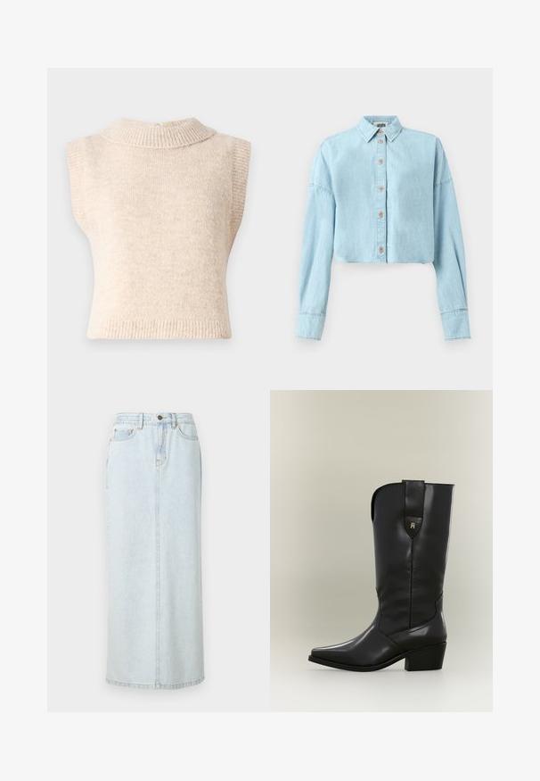 Suéter de punto sin mangas en color beige, con un alto cuello acanalado y una textura suave. Presenta un cierre en la parte trasera y una forma ajustada.; Camisa de denim recortada de color azul claro con mangas largas, cierre de botones y un cuello clásico. Presenta detalles de costura y una textura suave.; Falda maxi de mezclilla azul claro con diseño recto, cierre de botones en la parte frontal y costuras visibles. Cuenta con dos bolsillos frontales.; Bota cowboy alta de cuero negro con punta puntiaguda, tacón grueso y lengüeta con un pequeño logo dorado.