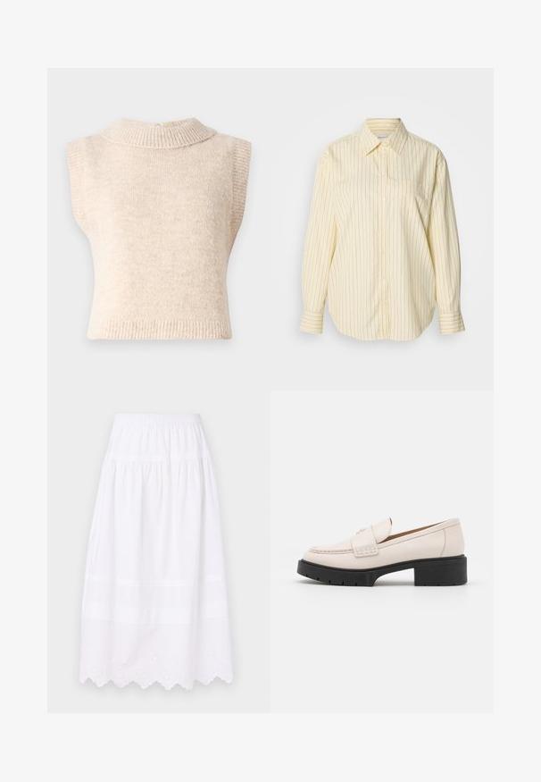 Beige, mouwloos gebreid vest met een hoge geribbelde kraag en een zachte textuur. Heeft een sluiting aan de achterkant en een getailleerde pasvorm.; Geel gestreept overhemd met knopen, lange mouwen, een klassieke kraag en een enkele borstzak. Strepen in blauw op een zachte, gestructureerde stof.; Witte katoenen rok met een elastische tailleband, voorzien van geplooide details en een gegolfde zoom met eyelet-afwerkingen langs de onderste rand.; Lichtbeige leren loafers met een gestikte voorkant en een textuur met een zwarte plateauhak. Beschikt over een gebogen ontwerp en een lichte verhoging.