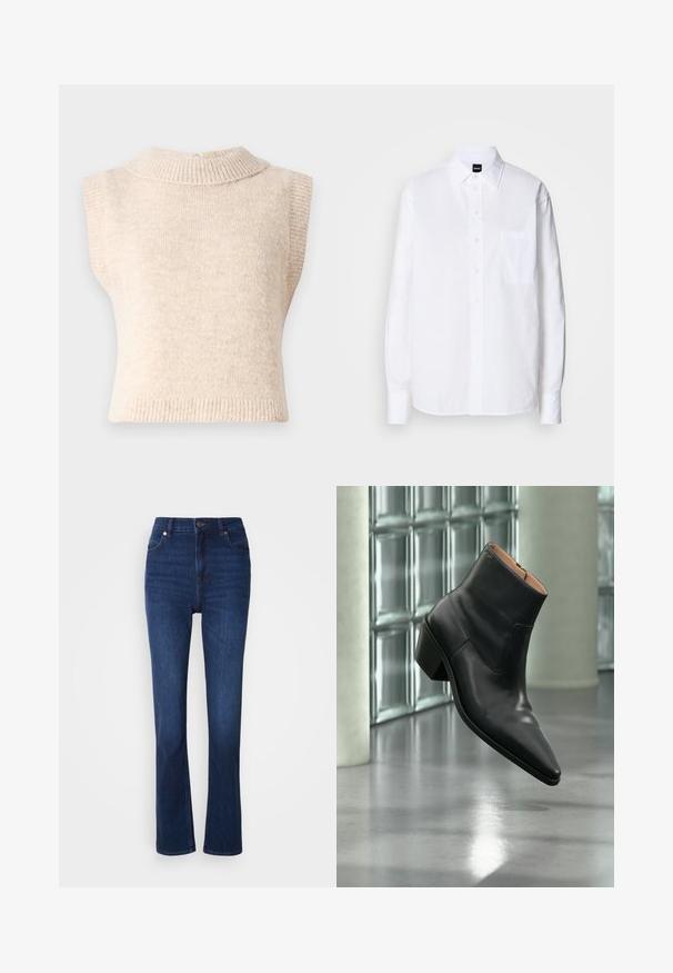 Suéter de punto sin mangas en color beige, con un alto cuello acanalado y una textura suave. Presenta un cierre en la parte trasera y una forma ajustada.; Camisa blanca de botón hecha de algodón, con cuello clásico, mangas largas, un bolsillo en el pecho y una textura suave y crujiente.; Jeans de mezclilla en azul oscuro con un diseño de cintura alta. Presenta un estilo clásico de cinco bolsillos y un ligero acampanado en la parte inferior.; Botín de piel negra con puntera puntiaguda y tacón cuadrado que levita sobre un suelo gris reflectante cerca de una pared de bloques de cristal.
