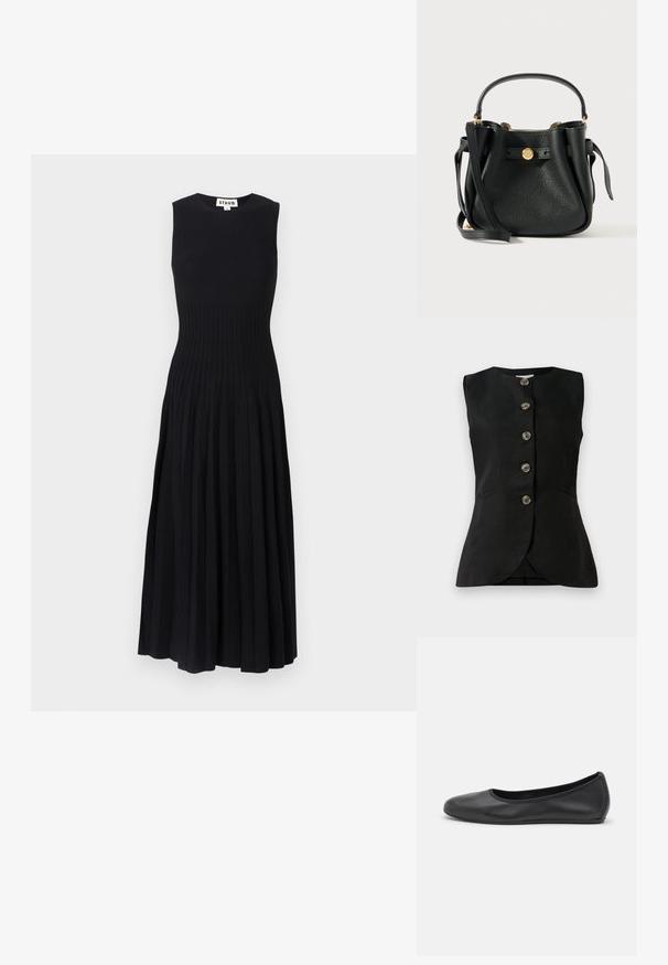 Gilet sans manches noir avec un col rond, fermeture à boutons sur le devant et deux poches latérales. Texture lisse avec un léger éclat.; Robe noire sans manches avec un corsage ajusté et une jupe plissée. Fabriquée dans un tissu texturé, elle présente un col rond et tombe au milieu du mollet.; Ballerines en cuir noir avec un bout rond, texture lisse, détails de couture minimalistes et design de semelle flexible.; Sac en cuir noir texturé avec une poignée courte, une longue sangle pour épaule et un fermoir à logo rond en métal doré sur le devant.