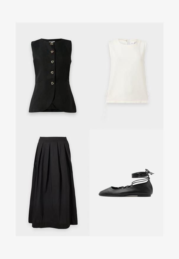 Gilet sans manches noir avec un col rond, fermeture à boutons sur le devant et deux poches latérales. Texture lisse avec un léger éclat.; Blouse blanche sans manches avec encolure ronde et liens latéraux, fabriquée en tissu lisse, présentée sur un fond clair uni.; Jupe midi plissée noire à taille haute avec une ceinture ajustée et une silhouette en A sur fond blanc.; Chaussure de ballet plate en cuir noir avec un bout pointu, plusieurs fines brides sur le dessus et des lacets enroulés autour de la cheville.