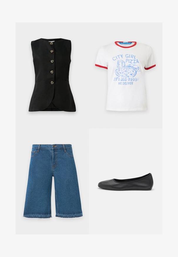 Gilet sans manches noir avec un col rond, fermeture à boutons sur le devant et deux poches latérales. Texture lisse avec un léger éclat.; T-shirt blanc à manches courtes avec bordure rouge, impression bleue de pizza, burger, bière et texte "CITY GIRL PIZZA TOUT VA BIEN, NOUS LIVRONS."; Shorts en denim bleu au genou avec des bords effilochés, bouton avant et poches, sur fond blanc uni.; Ballerines en cuir noir avec un bout rond, texture lisse, détails de couture minimalistes et design de semelle flexible.