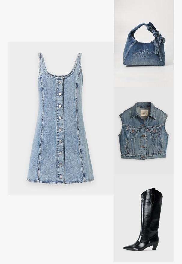 Gilet en denim bleu clair avec un col, fermeture à boutons sur le devant, deux poches poitrine avec rabats à boutons et poches latérales. Texture vieillie visible.; Robe en denim avec un décolleté en forme de cœur et de fines bretelles. Tissu bleu clair, en forme de A, avec des boutons à l'avant et des détails de couture visibles.; Bottes en cuir noir montantes jusqu'au genou, avec une pointe effilée, un talon bas, et des détails de couture décoratifs sur les côtés. Fini lisse et brillant.; Sac tote en denim avec une poignée torsadée. Présente un texte en relief "THE SACK BAG" et "MARC JACOBS." Texture lisse avec un léger effet de décoloration.