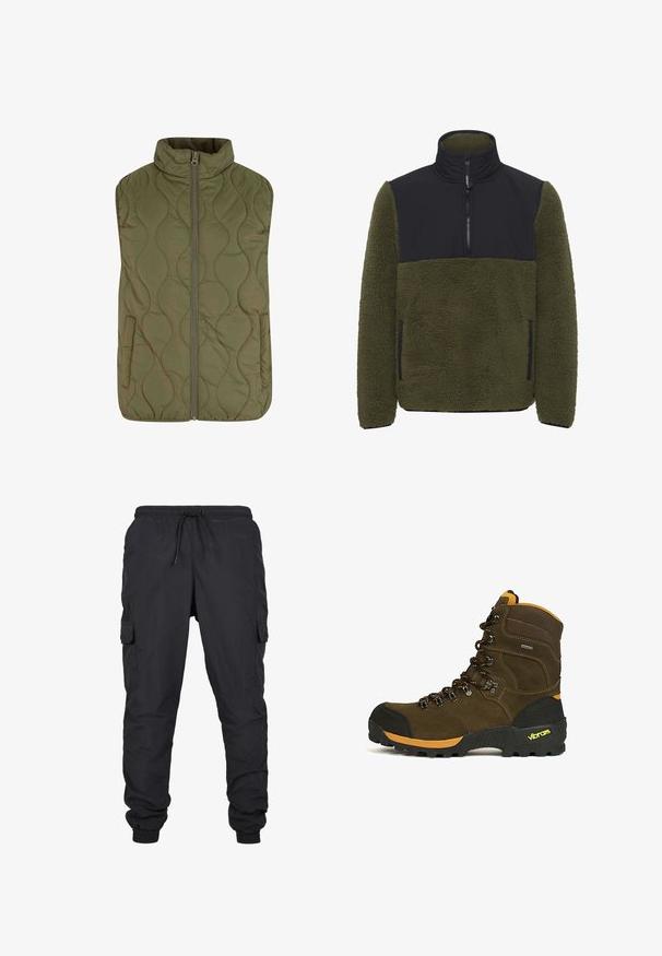 Quiltet vest i olivengrøn med høj krave, frontlynlås og to sidelommer. Glat tekstur med bølgemønster syninger.; Fleece pullover i olivengrøn med en sort nylon brystpanel. Har en høj krave, en halv lynlås lukning og sidelommer.; Sorte cargo bukser med elastisk talje og snoretræk, med sidelommer og manchetter. Lavet af let og holdbart stof.; Brun højtliggende vandrestøvle med sort tåhætte, orange accenter, robust Vibram-sål og sorte og orange snørebånd.