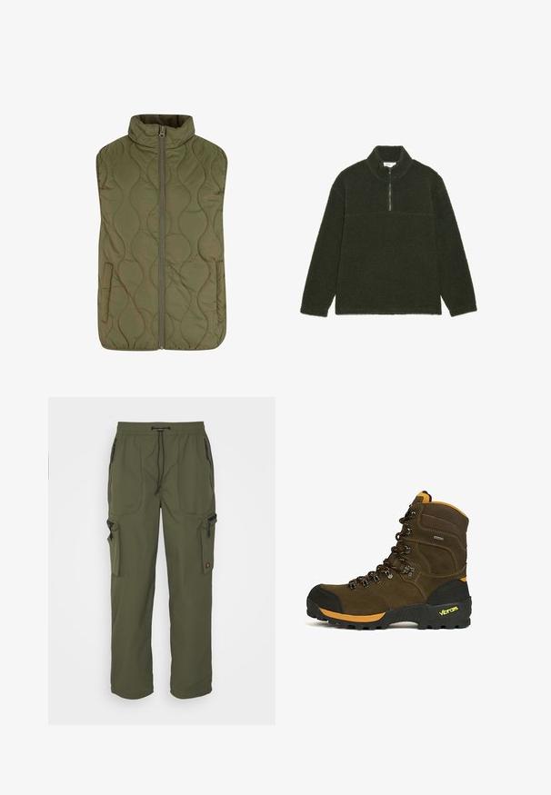Gilet matelassé en vert olive, avec un col haut, une fermeture éclair à l'avant et deux poches latérales. Texture lisse avec un motif de couture ondulée.; Pull-over en polaire vert foncé avec un col montant, une fermeture à glissière partielle et une surface texturée. Comprend un panneau lisse sur la poitrine.; Pantalons cargo vert olive en tissu léger, avec une taille élastique, un système de fermeture à cordon, et plusieurs poches zippées.; Botte de randonnée montante marron avec bout renforcé noir, accents orange, semelle Vibram robuste, et lacets noirs et orange.