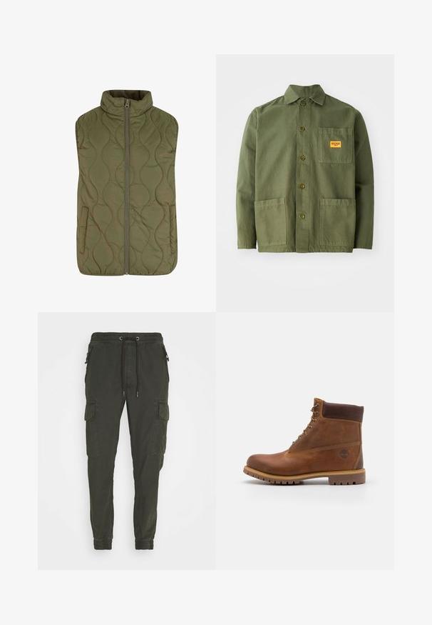 Gilet matelassé en vert olive, avec un col haut, une fermeture éclair à l'avant et deux poches latérales. Texture lisse avec un motif de couture ondulée.; Veste verte olive en coton épais, avec un col pointu, des boutons à l'avant et deux grandes poches plaquées. Comprend un petit patch avec un logo.; Pantalons cargo kaki en coton, avec une taille élastique dotée d'un cordon de serrage, des poches latérales et des poignets élastiques.; Botte de randonnée en cuir marron avec une finition lisse, cheville rembourrée, œillets en métal et semelle en caoutchouc dotée d'un motif de crampons robuste.