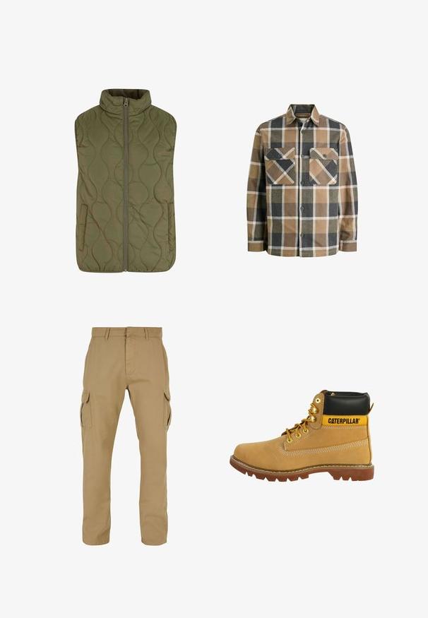 Quiltet vest i olivengrøn med høj krave, frontlynlås og to sidelommer. Glat tekstur med bølgemønster syninger.; Ternet flannel skjorte med brune, beige og sorte mønstre. Har to brystlommer, knaplukning foran og en klassisk krave.; Beige cargo bukser med to sidelommer, lige ben design, lavet af slidstærkt stof, med syning detaljer og bæltestropper.; Brun læderstøvle med en sort krave, gule accenter, guldøjer og en robust sål. Har en sidesøm og kontrasterende syning detaljer.